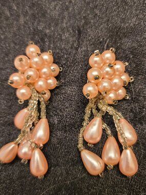 Vintage pink cluster bead earrings faux drop pearl tassels